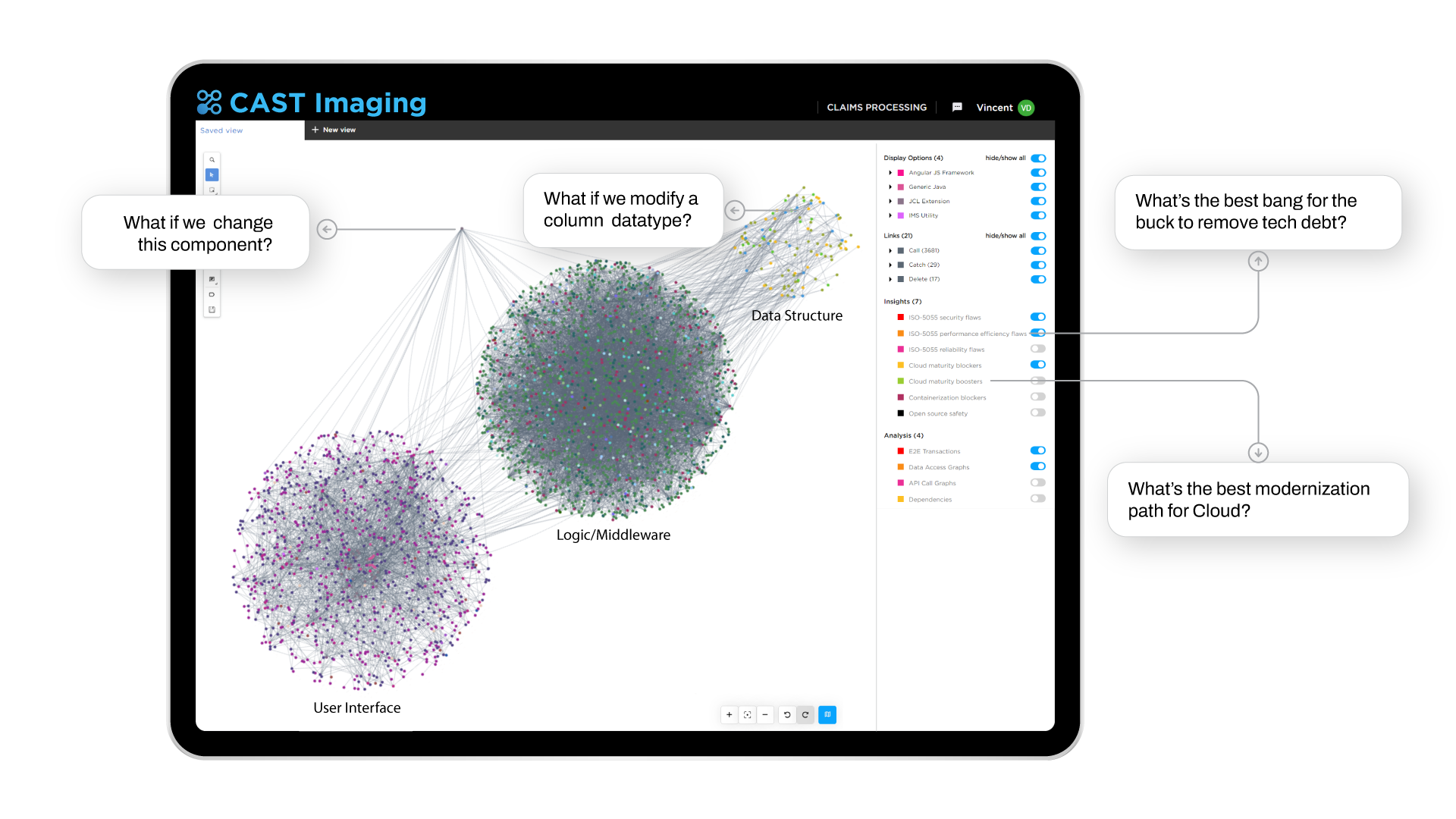 Visualization of a claims management custom application with 46,000 objects in CAST Imaging